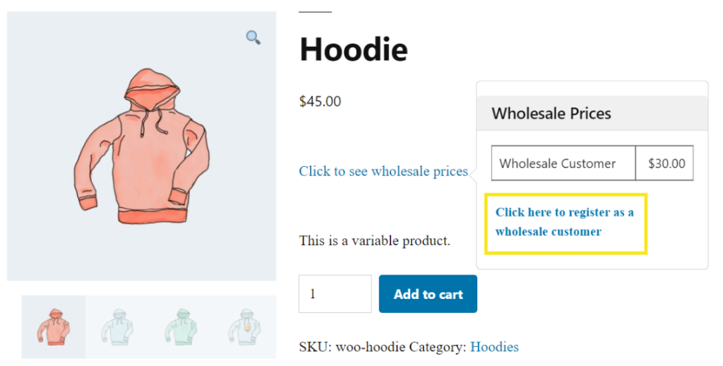 The link to register as a wholesale customer in WooCommerce.