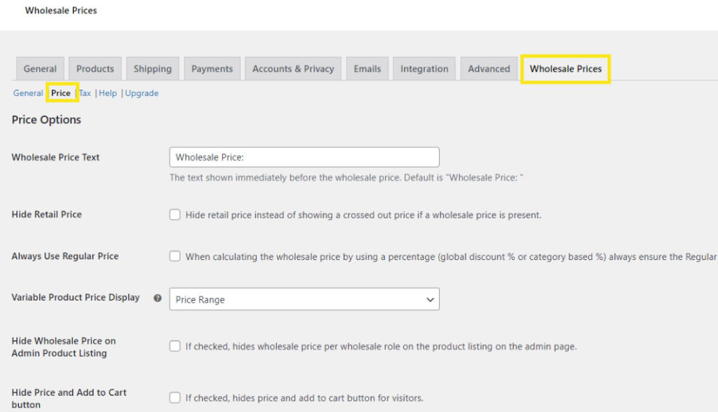 Wholesale Prices settings page 