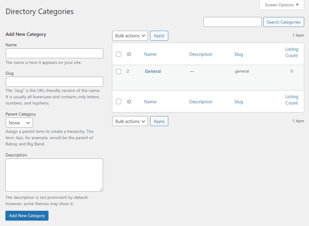 The screen to add a new category with Business Directory Plugin.