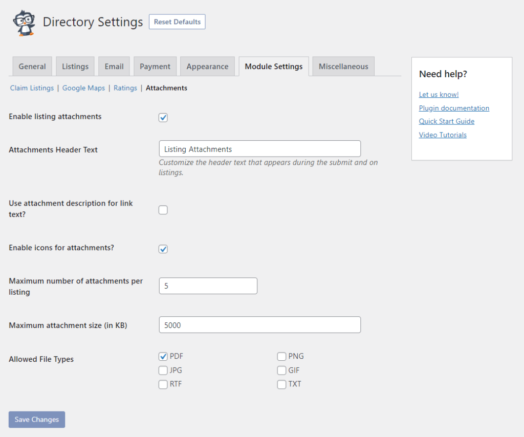 The settings available for the Business Directory Plugin Attachments module.