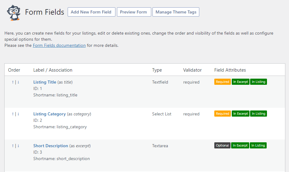 A list of customizable form fields for the business directory for WooCommerce.