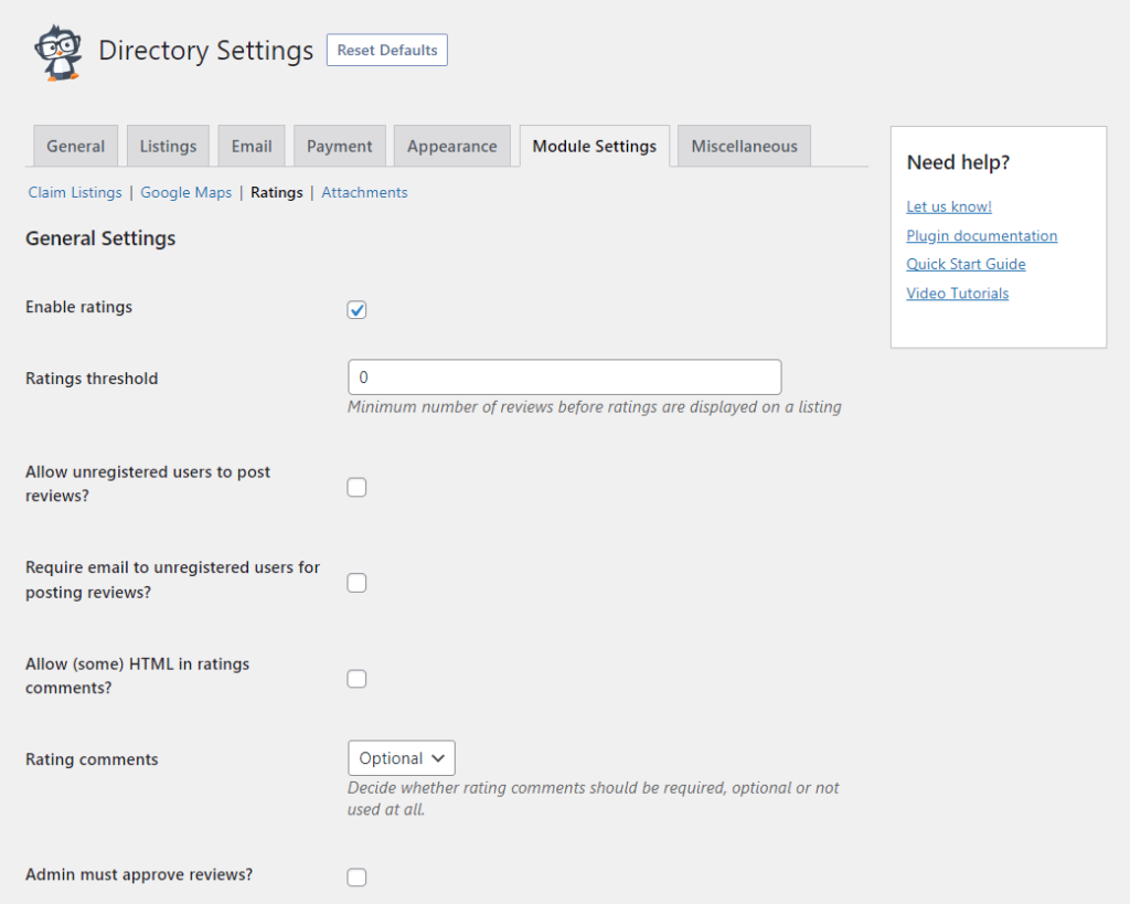 The settings for calibrating a directory's ratings.