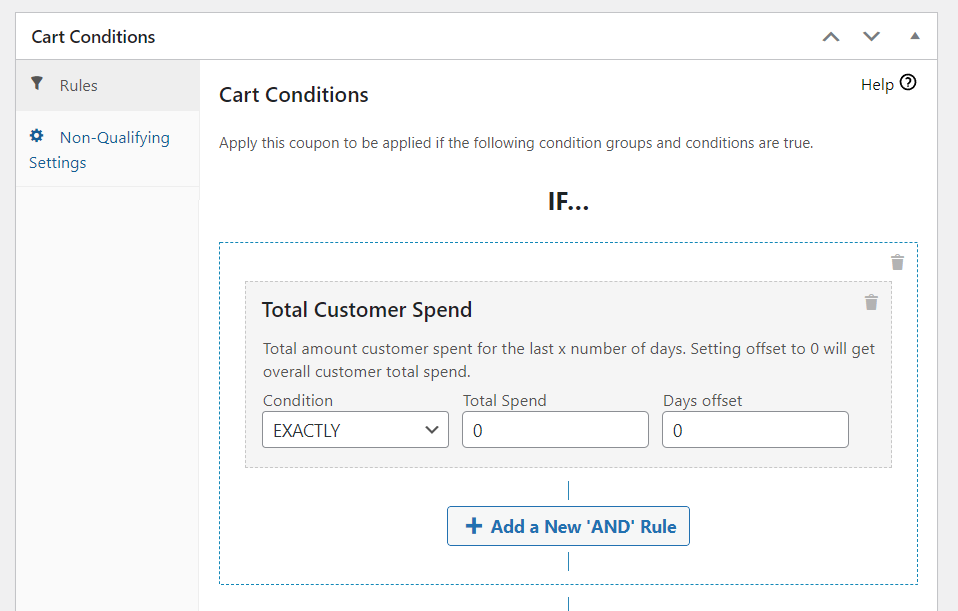 Configuring total customer spend cart conditions
