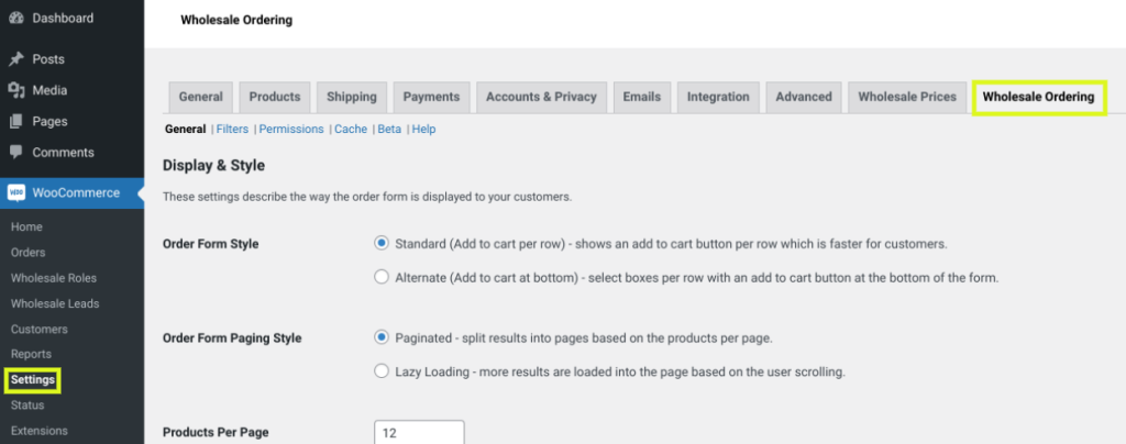 The Wholesale Ordering settings of the Wholesale Order Forms plugin.