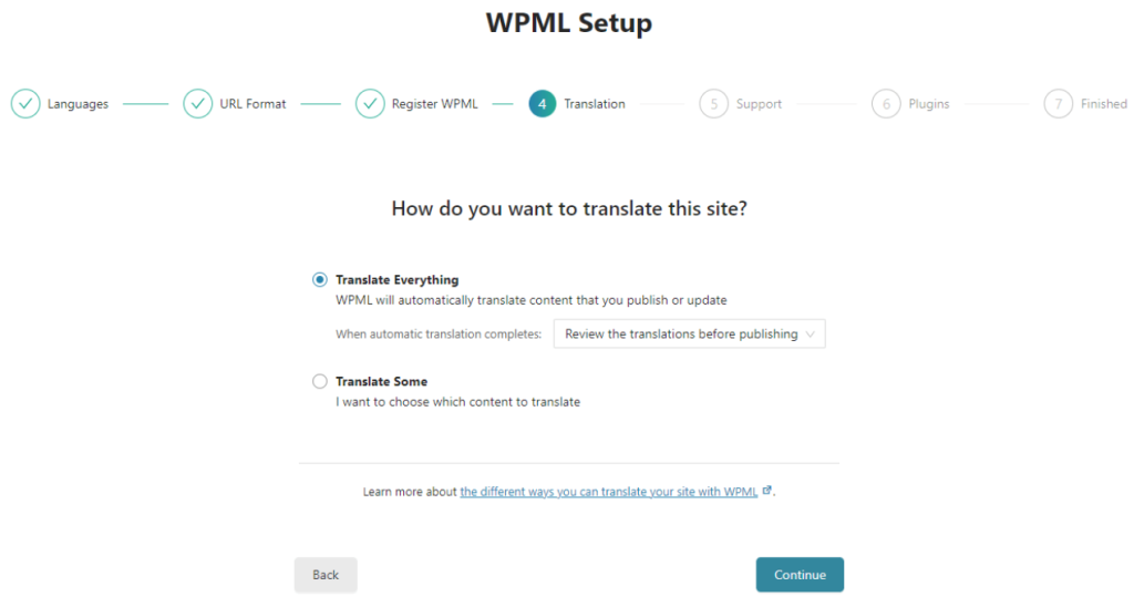 Choosing how to translate your WooCommerce store with the WPML setup wizard. 