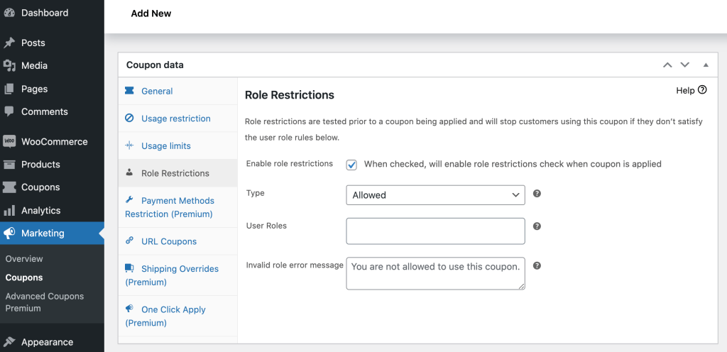 Restrictions, applied to specific WooCommerce user roles.