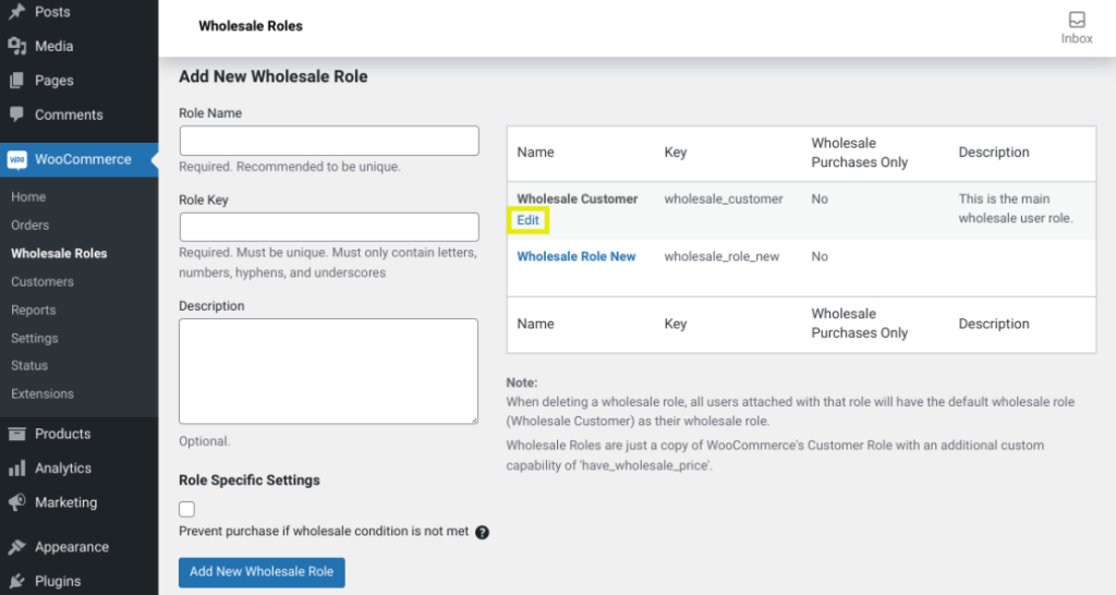 The Add New Wholesale Role screen from Wholesale Suite plugin.