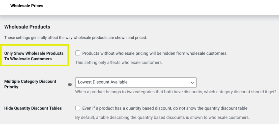 The WHolesale Products settings screen.