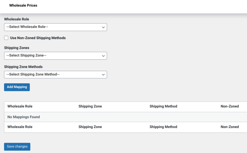 The Shipping Zone settings in the Wholesale Suite plugin.