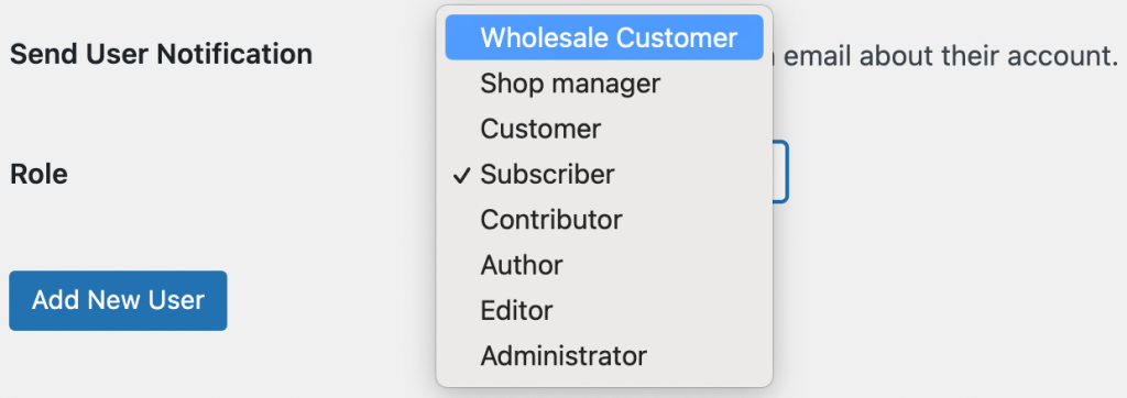 Selecting the Wholesale Customer role for a new user in WordPress.