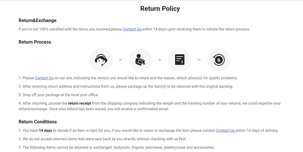 An example of a return policy on a wholesale website.