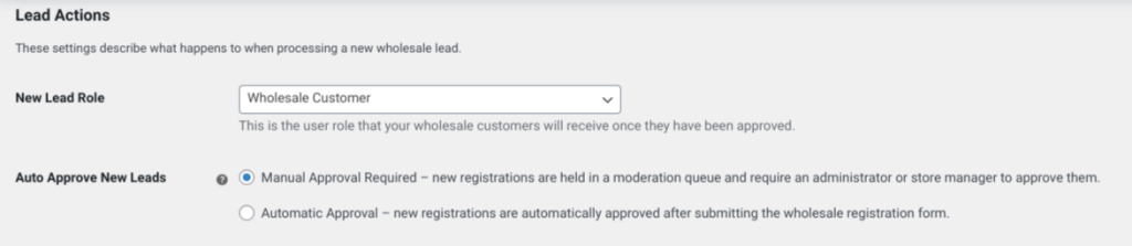The lead action settings for a wholesale registration form