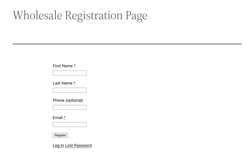 Wholesale registration page