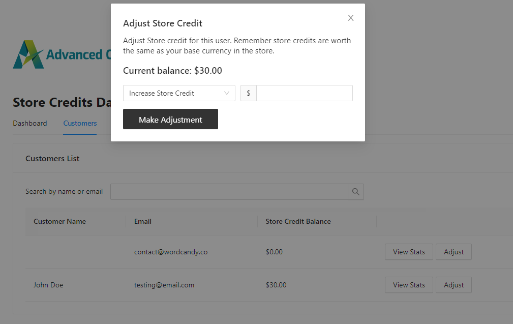 Adjusting store credits in WooCommerce