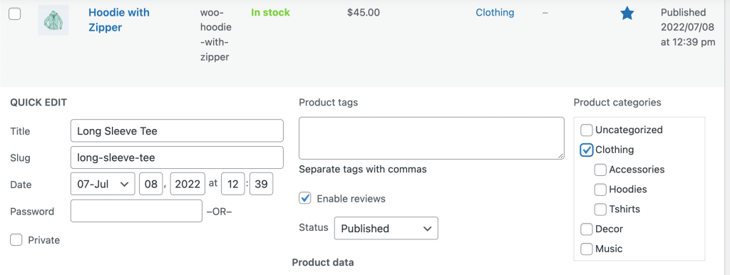 Changing product categories form the Quick Edit screen