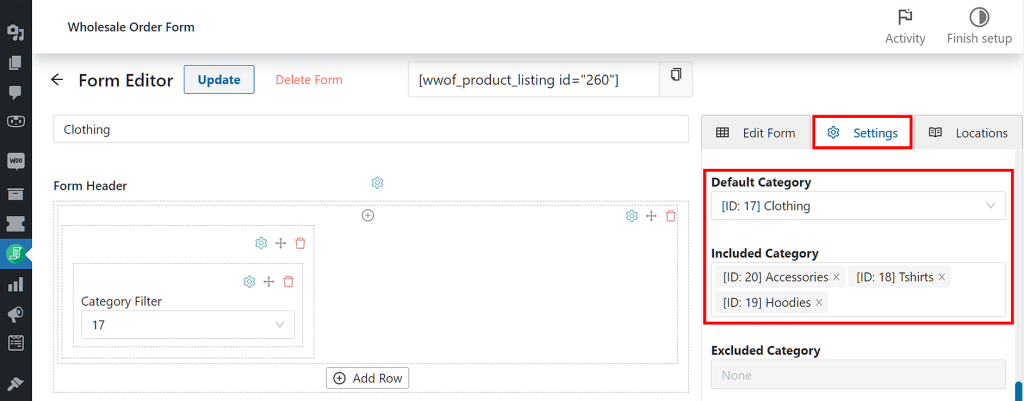 Creating multiple order forms may entail customizing settings such as Default Category and Included Category