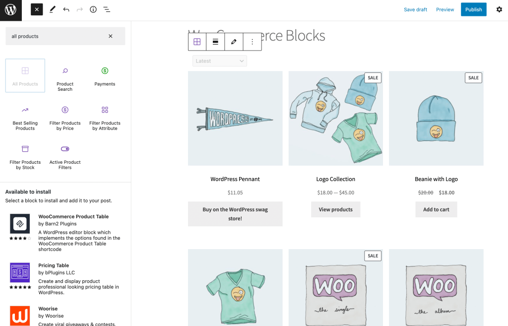 Woocommerce all products block