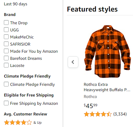 Amazon Fashion product filters