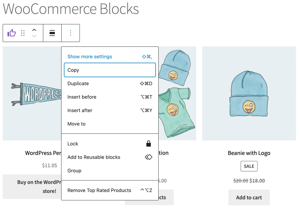 show more block settings woocommerce blocks