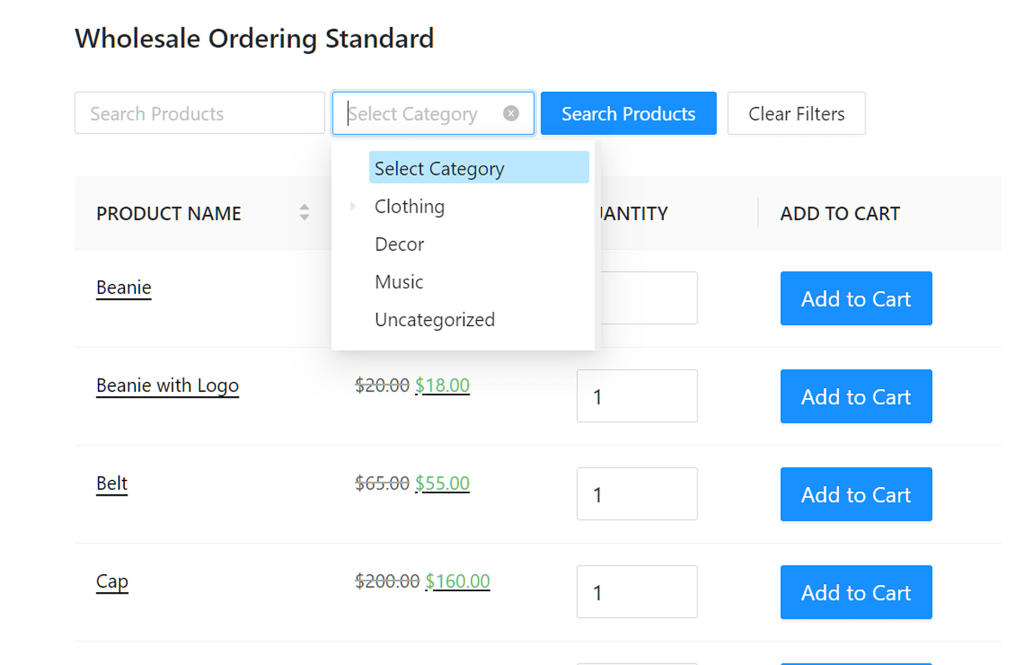 An example of a wholesale order form with an organized and limited product category list