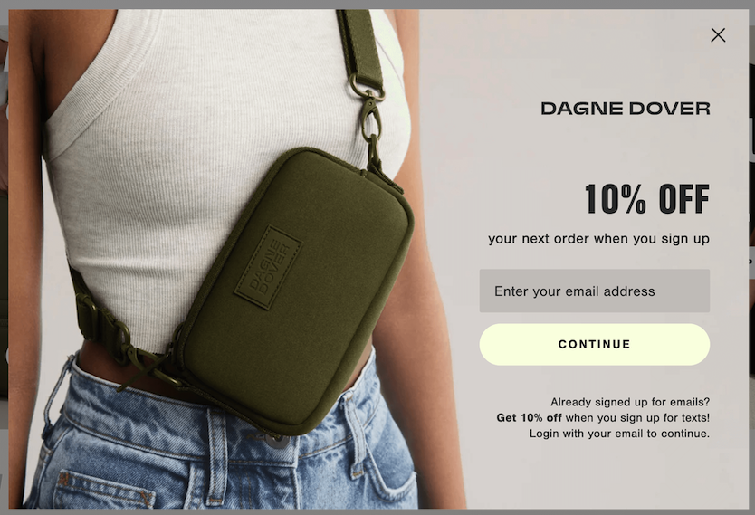 The Dagne Dover homepage using first time buyer discount. 