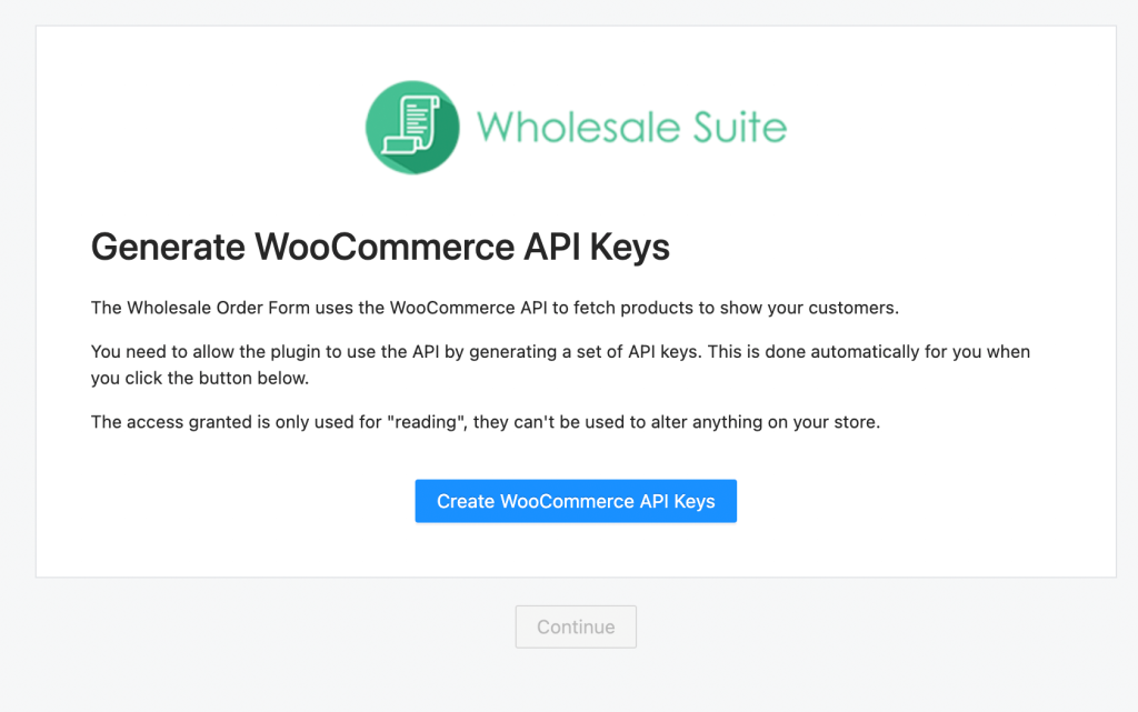 Create WooCommerce API Keys page. 