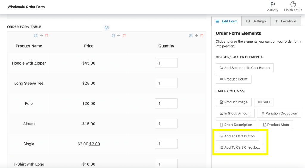 The Add To Cart Button element and the Add To Cart Checkbox element. 