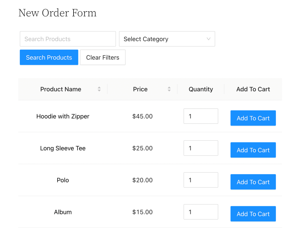 Preview of order form. 
