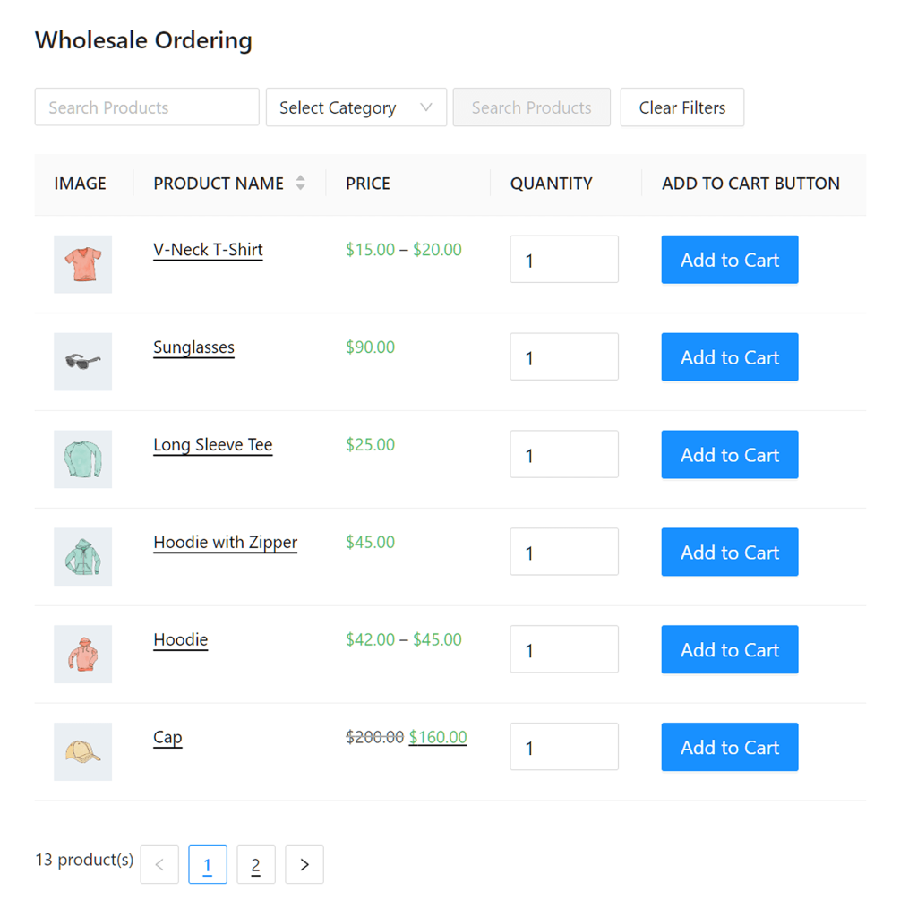 wholesale order form front end for a B2B online ordering system