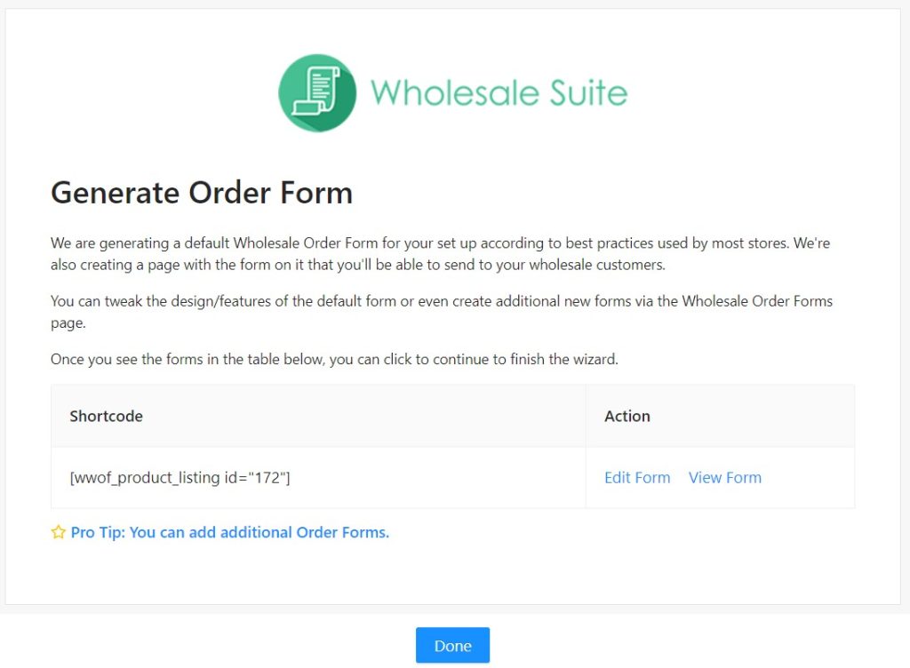 The automatically-generated Order Form from Wholesale Suite. 