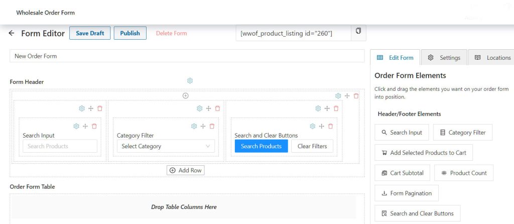 Wholesale Order Form's search input, category filter, and search and clear buttons