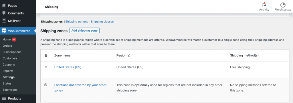 WooCommerce default shipping zones
