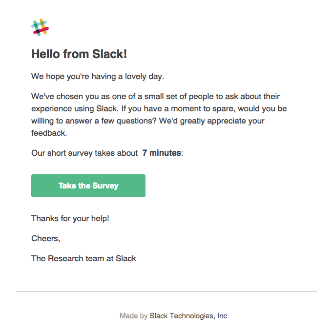 Example: Slack's Survey Email 