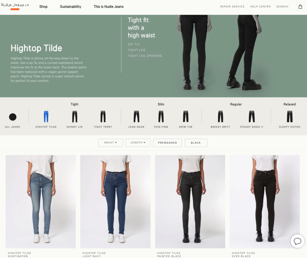 Example: Nudie Jeans Co's Product Listing Page 