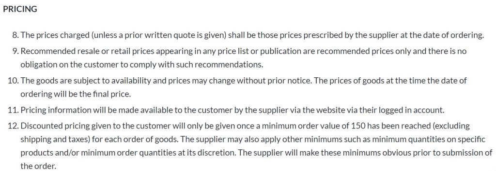 Wholesale terms pricing section. 