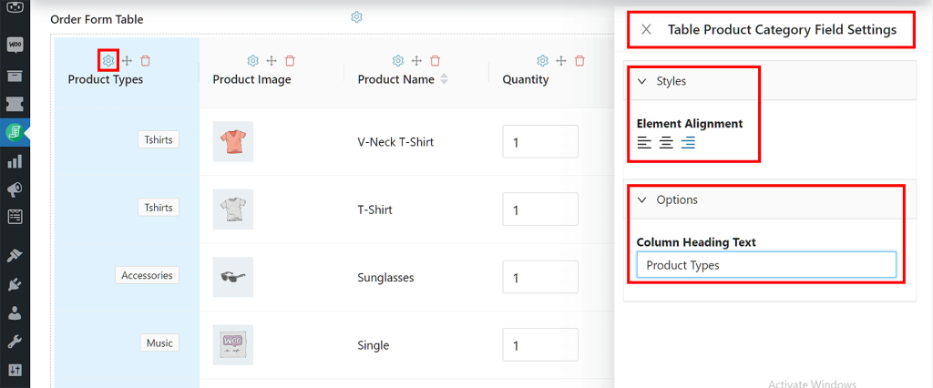 Product category table element settings