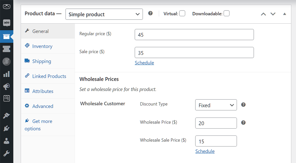 Entering the Wholesale Price for products in WooCommerce.