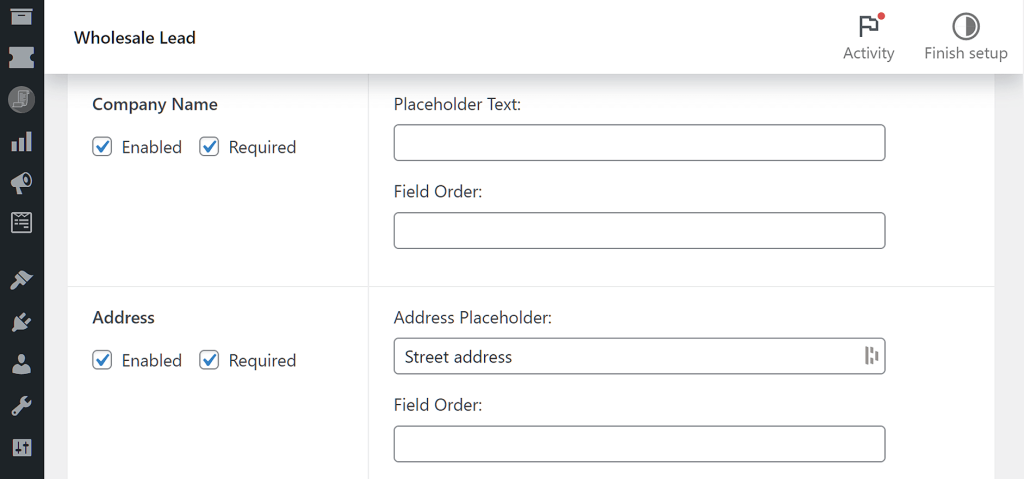 Optional built-in fields for the registration form.
