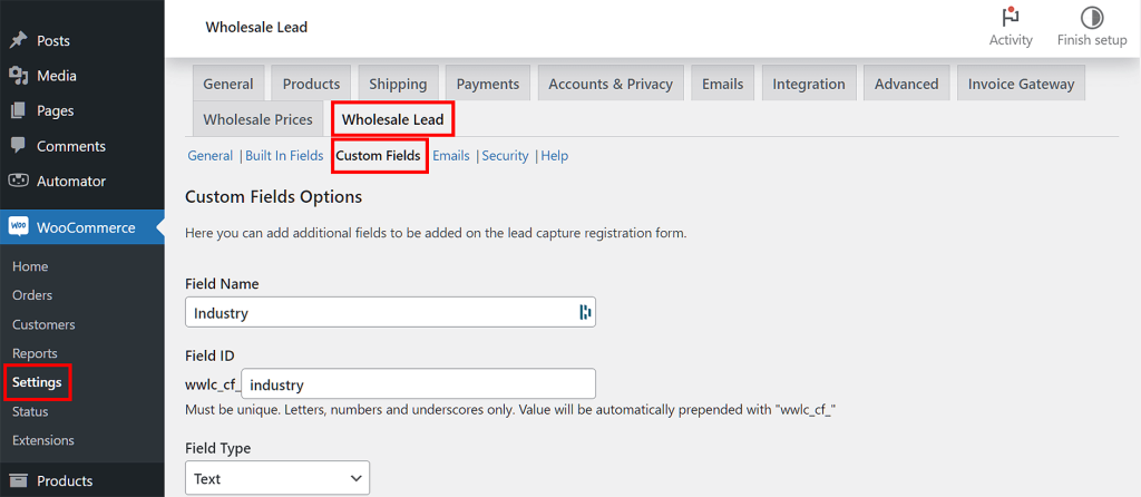 Creating custom fields for the lead capture form.