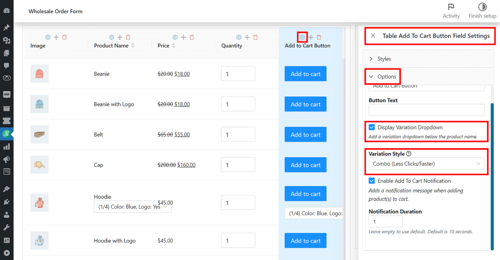The options for product variations can be found in the Add to Cart button table element.