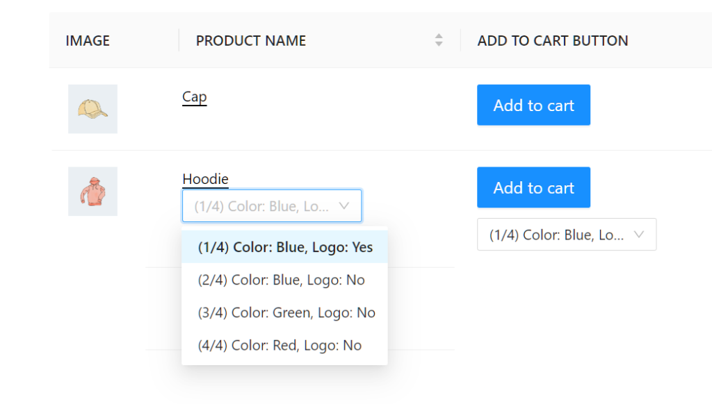 Wholesale Order Form Version 3.0: The Combo Variation Style is one way to display your product variations.