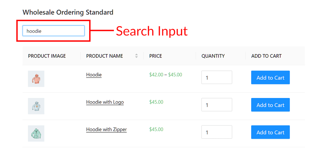 Search Input is one of the most important header and footer elements to put on your wholesale order form