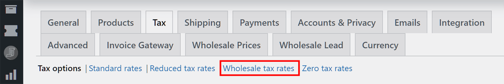 Wholesale tax rate sub-tab