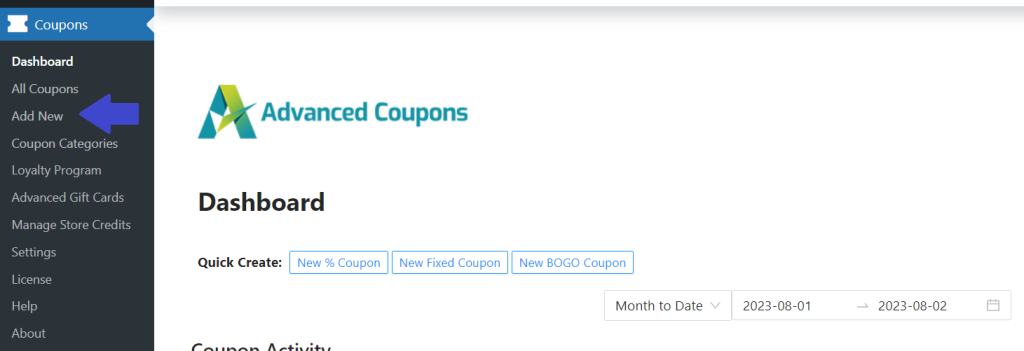 Navigate to Coupons and click Add New to create a new coupon