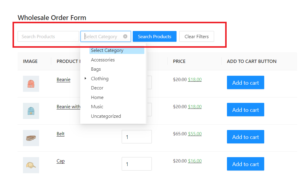 Wholesale Order Form allows you to add search and filtering to your order forms