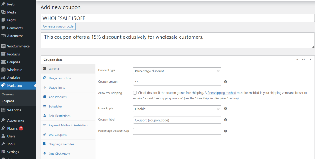 Modify coupon details, including name, type of discount, usage limits, and validity periods 