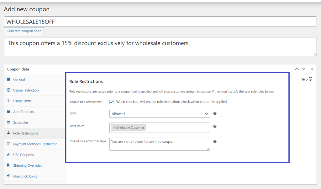 Set "Wholesale Customer" to User Roles to make your coupon eligible only to wholesale customers 
