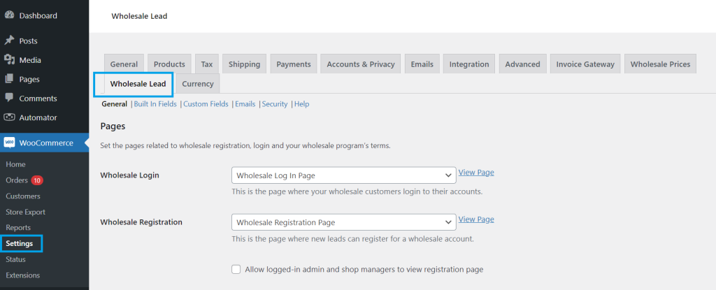 Navigate to Wholesale Lead Capture's settings page