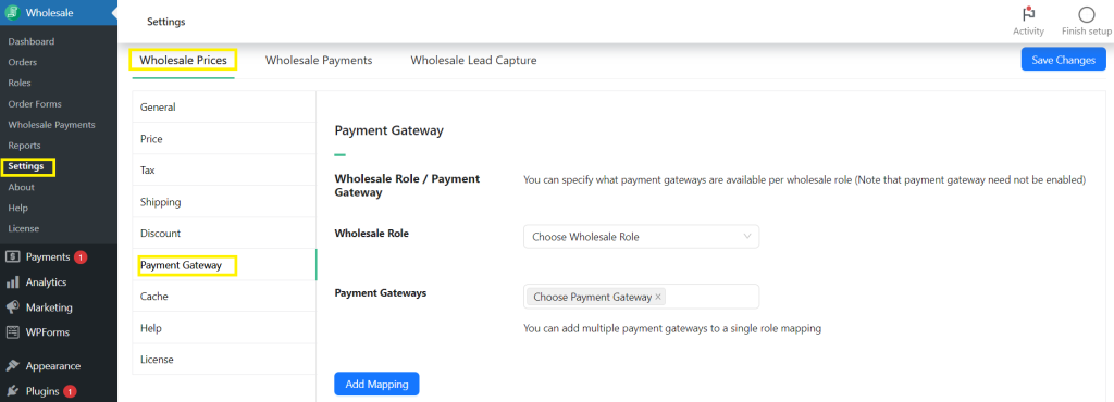 Wholesale Prices Premium settings page for Payment Gateways