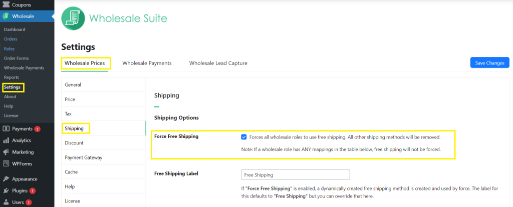 Wholesale Prices Premium Shipping settings page
